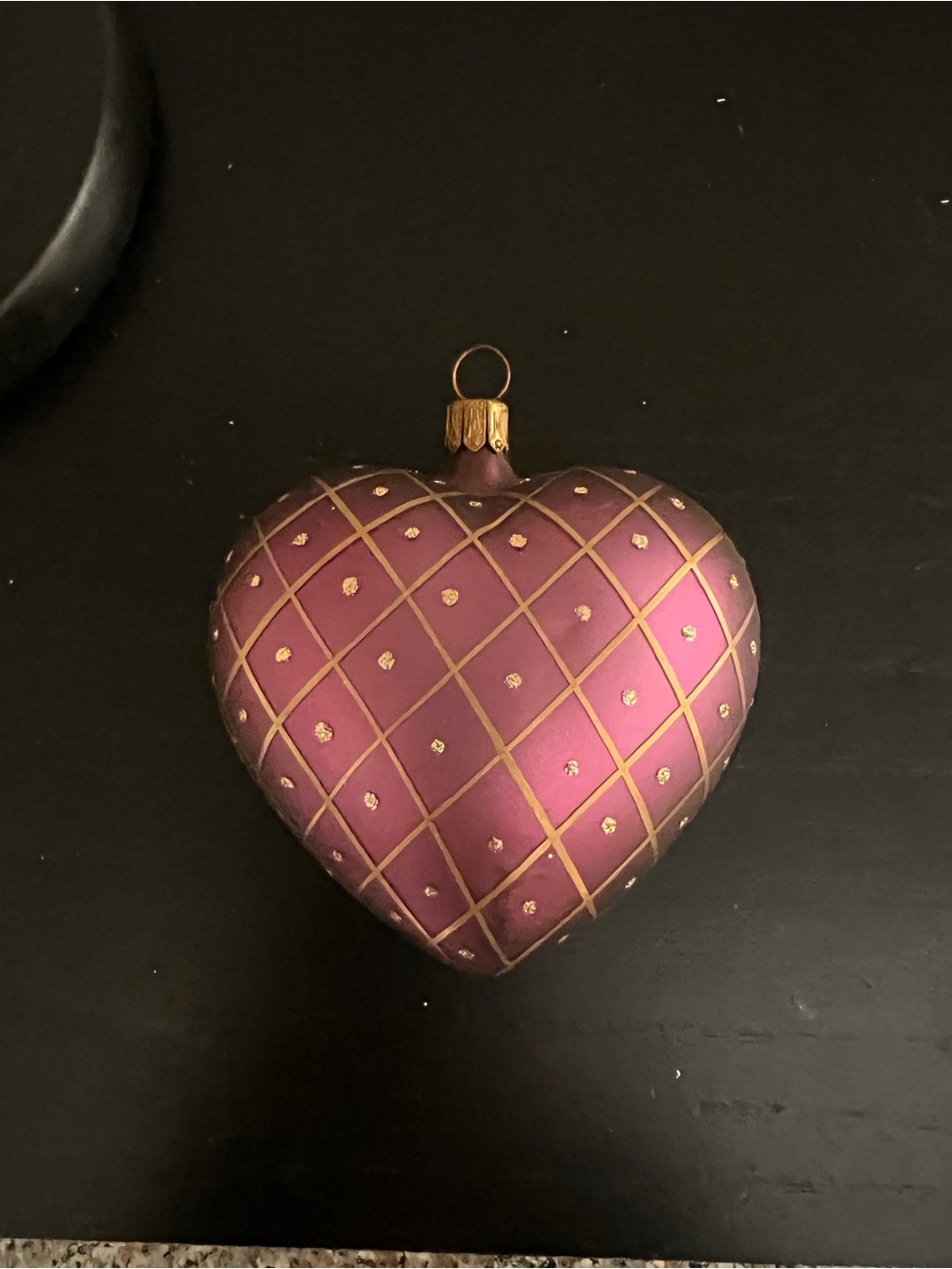 Vintage Glass Purple Heart Christmas Ornament with Gold Lattice Made in Germany